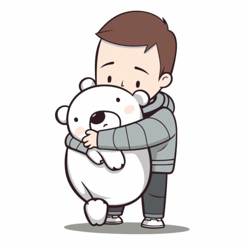 Cute boy hugging a polar bear isolated on white background.