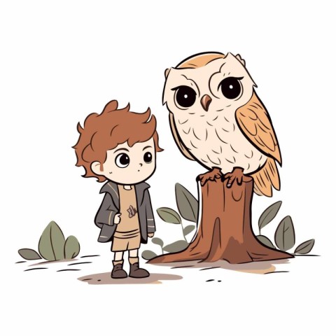 Cute little boy and owl on a stump.