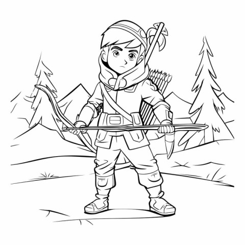 Outline illustration of a boy archer with bow and arrow.