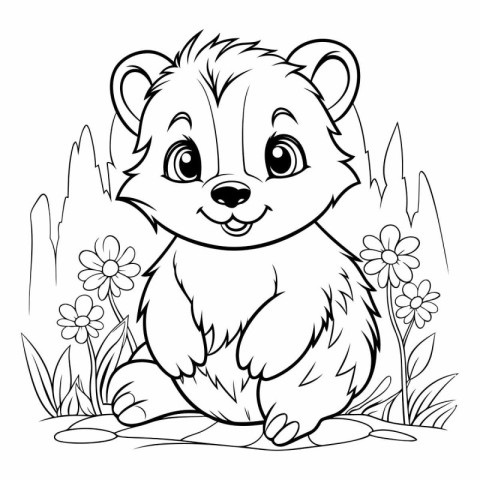 Coloring book for children: hamster sitting on the grass with fl