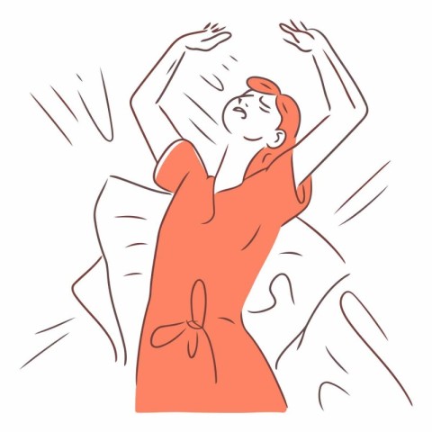 Vector illustration of a girl in a red dress dancing on the beac