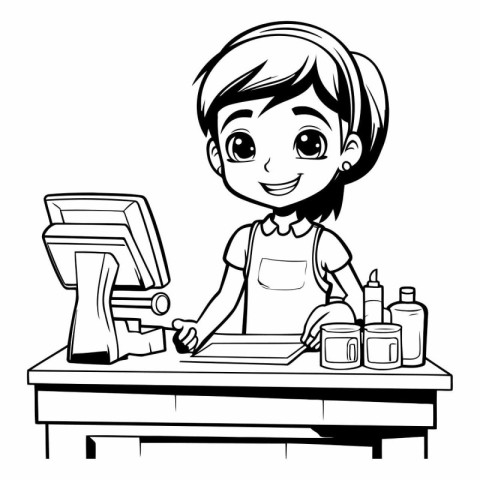 Black and White Cartoon Illustration of Cute Little Girl Hairsty