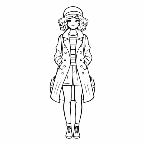 Fashionable woman in coat and hat in outline style.