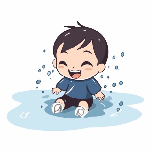 Cute little boy playing in the water. Vector cartoon illustratio