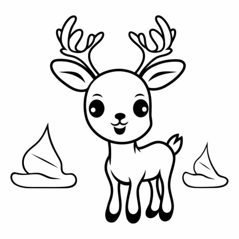 Black and white vector illustration of a cute cartoon reindeer.