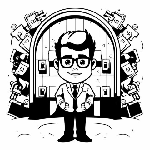 Businessman in front of the door. Black and white vector illustr