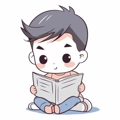 Cute little boy reading a book in a flat style.