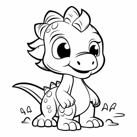 Cute Cartoon Dinosaur - Black and White Cartoon Illustration. Ve