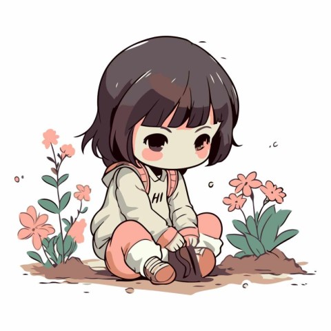 Illustration of a Cute Little Girl Sitting on the Ground with Fl