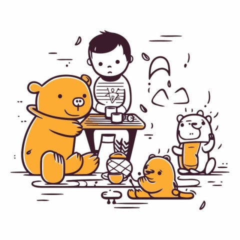 Cute little boy playing with teddy bears and drinking coffee.