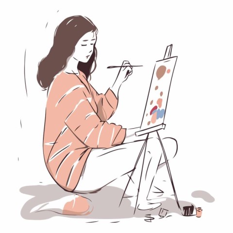 Young woman painting a picture on the easel.