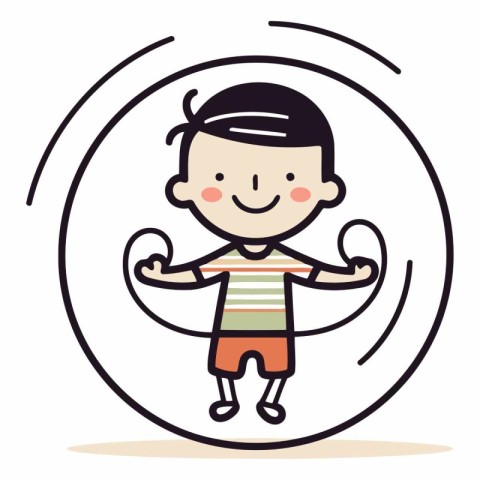Cute cartoon boy playing badminton in a circle.