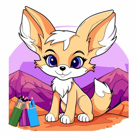 Cute cartoon fox sitting on the mountain with colorful pencils.