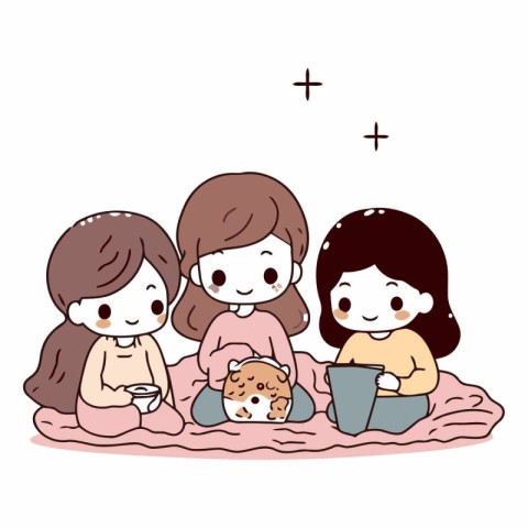 Cute cartoon family in bed of happy family.