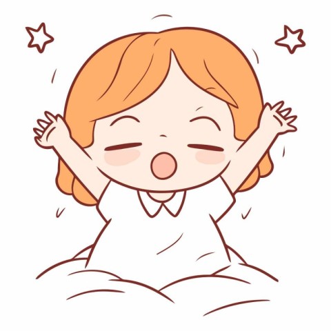 Illustration of a little girl yawning while lying on the bed