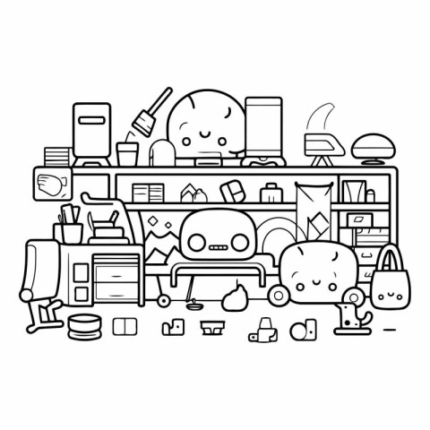 Line art vector illustration of a home office with furniture and