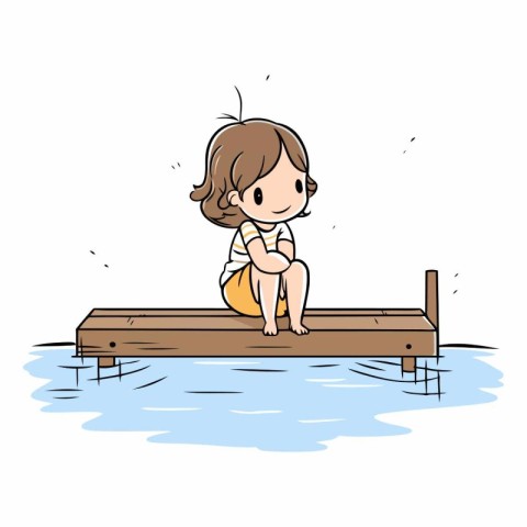 Illustration of a little girl sitting on a jetty. Vector.