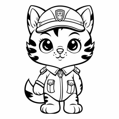 Black and White Cartoon Illustration of Cute Cat Police Animal C