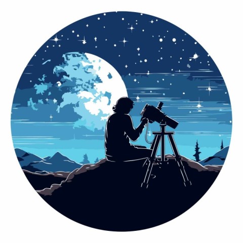 Silhouette of a boy with a telescope on the background of the ni