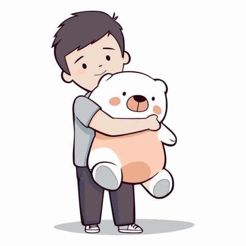 Boy hugging a big teddy bear on white background.