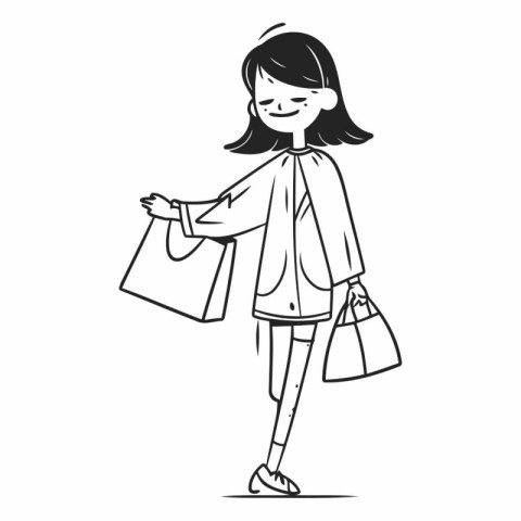 Girl with shopping bags. Black and white vector illustration in