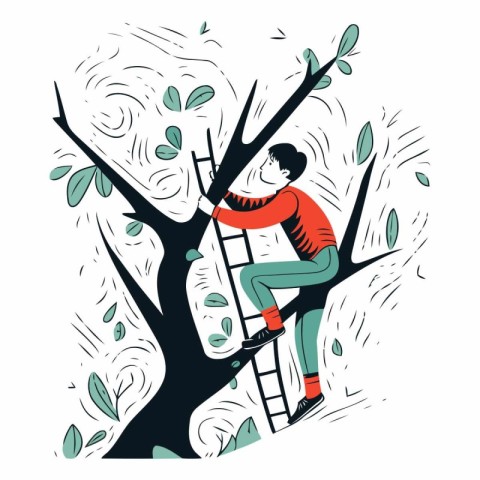 Young man climbing a tree in flat cartoon style.