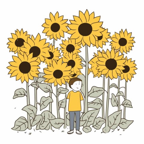 cute little boy with sunflowers garden vector illustration graph