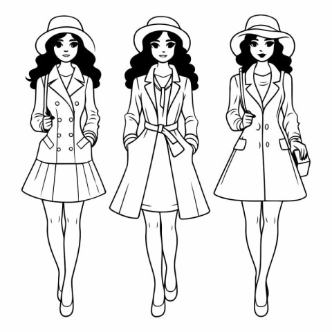 Fashionable girls in coat. hat and skirt.