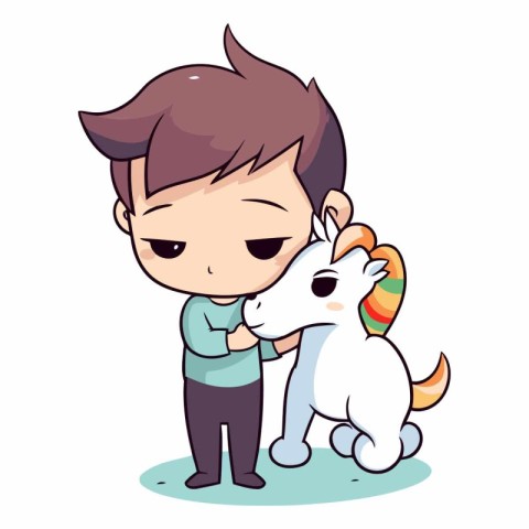 Cute little boy playing with a white unicorn.