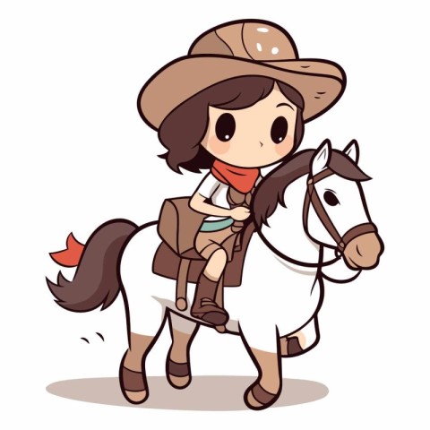 Illustration of a Cute Girl Wearing Cowboy Costume and Riding a