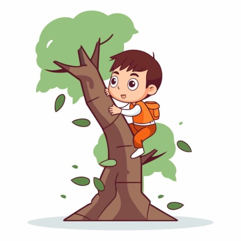 Cute little boy climbing a tree in cartoon style.