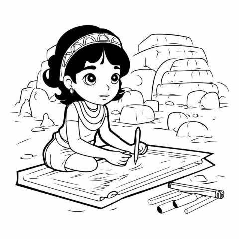 Black and White Cartoon Illustration of Little Girl Writing on a