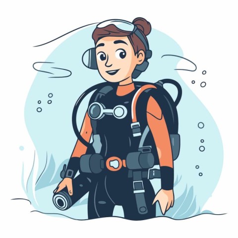 Cute scuba diver girl in cartoon style.