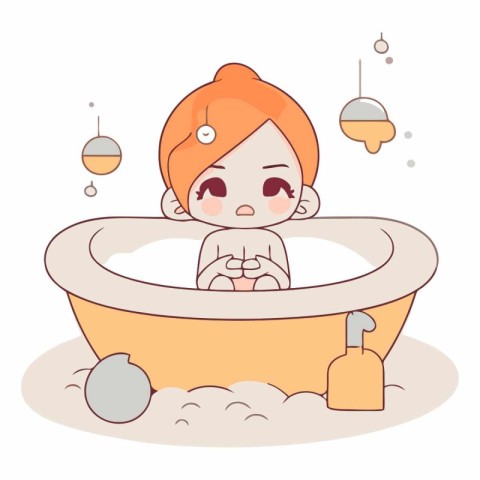 Cute little girl taking a bath in cartoon style.