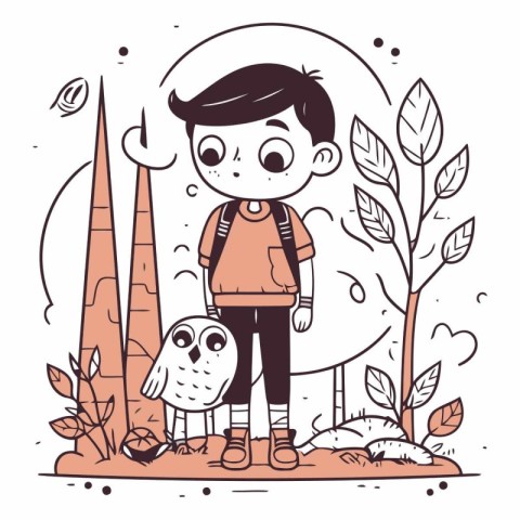 Boy with owl in the park. Cute cartoon vector illustration.