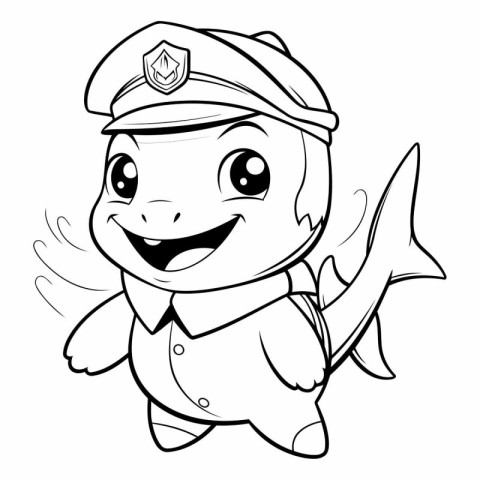 Black and White Cartoon Illustration of Cute Little Fish Policem