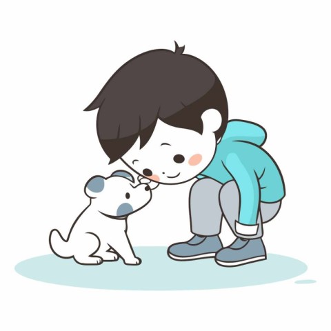 Boy playing with dog vector illustration. Cute cartoon boy playi