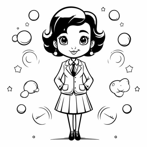 Cute little girl in school uniform. Black and white vector illus