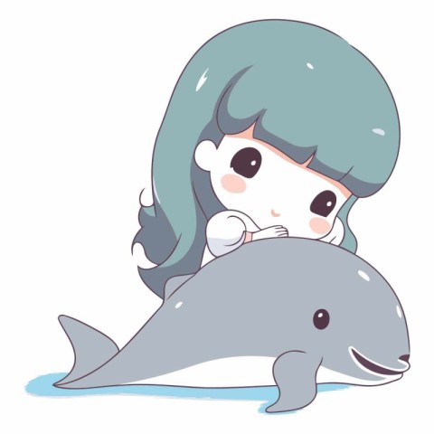 Illustration of a Little Girl Huging a Cute Little Dolphin