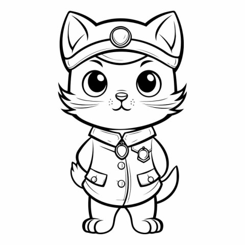 Black and White Cartoon Illustration of Cute Cat Captain Charact