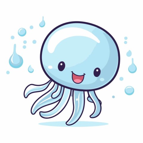 Cute cartoon blue jellyfish isolated on white background.