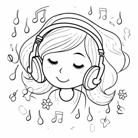 Cute little girl listening to music with headphones.