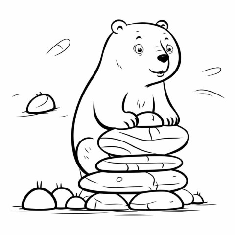 Black and White Cartoon Illustration of Cute Polar Bear on Stack