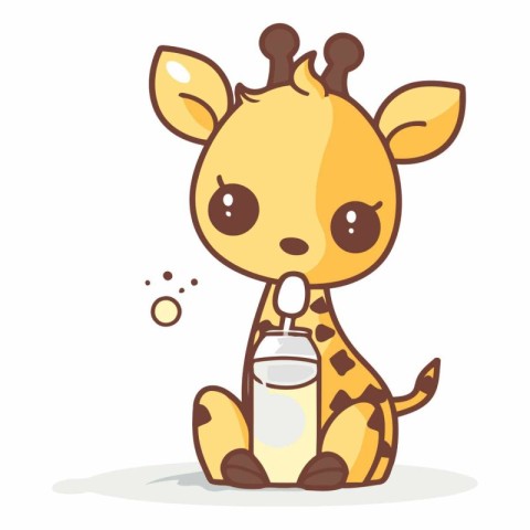 Cute giraffe with milk bottle. Vector cartoon character illustra