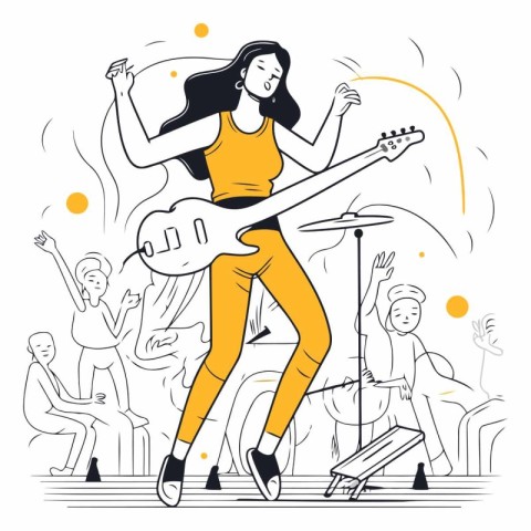 Vector illustration of a girl playing the electric guitar on a c