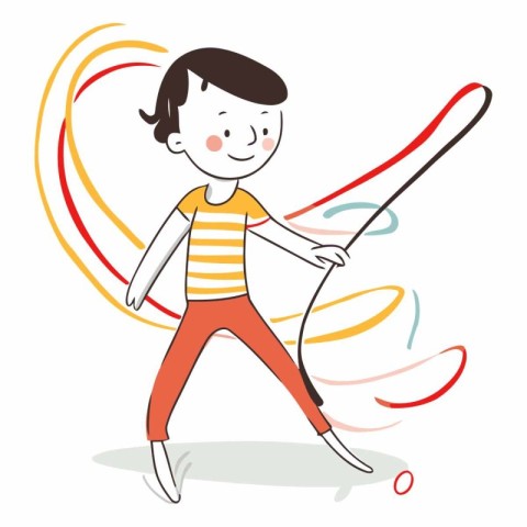 Illustration of a boy doing gymnastics with a skipping rope.