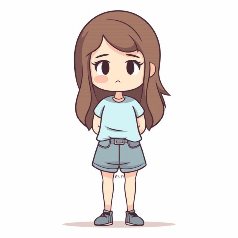 Sad little girl in casual clothes in cartoon style.