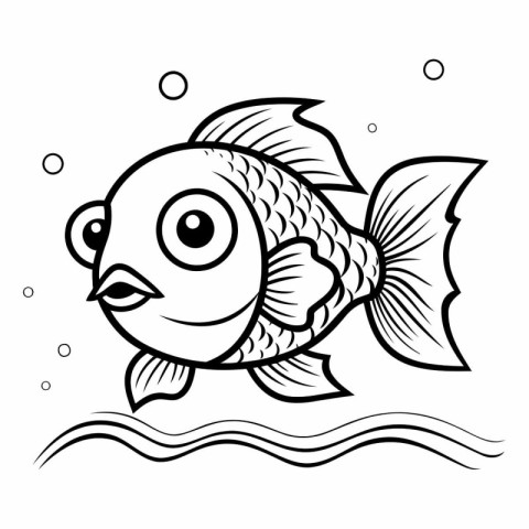 Black and white vector illustration of a cute cartoon fish on a