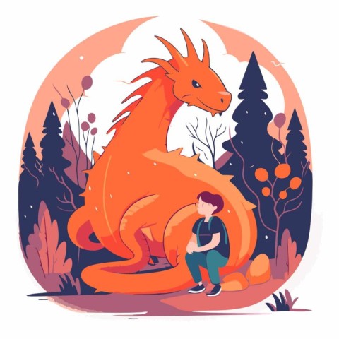 Vector illustration of a little boy playing with a red dragon in