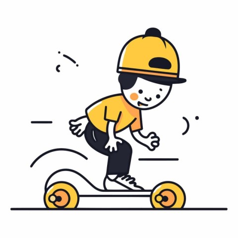 Boy riding a scooter in flat line style.